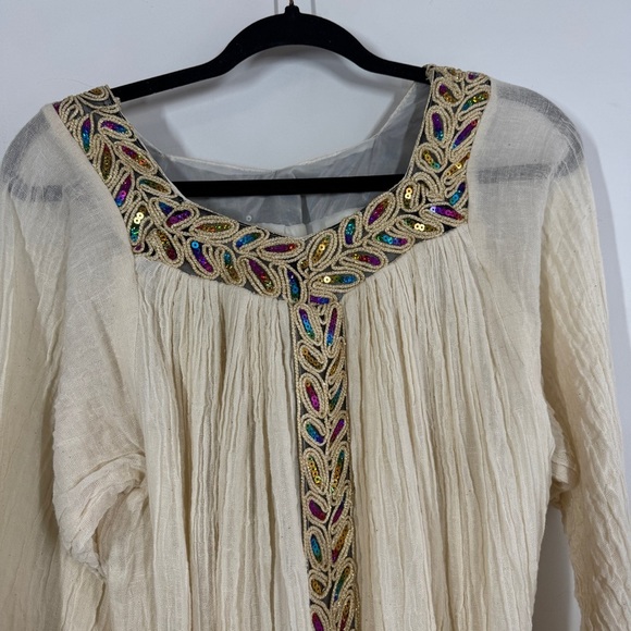 Vintage Ethiopian Cream Boho Maxi Dress Beaded Sequin Embroidered Ethnic - Picture 3 of 15